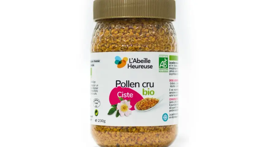 Pot de pollen cru bio de ciste, "L'Abeille Heureuse", 230g. Découvrez les pollen de ciste bienfaits pour votre bien-être.