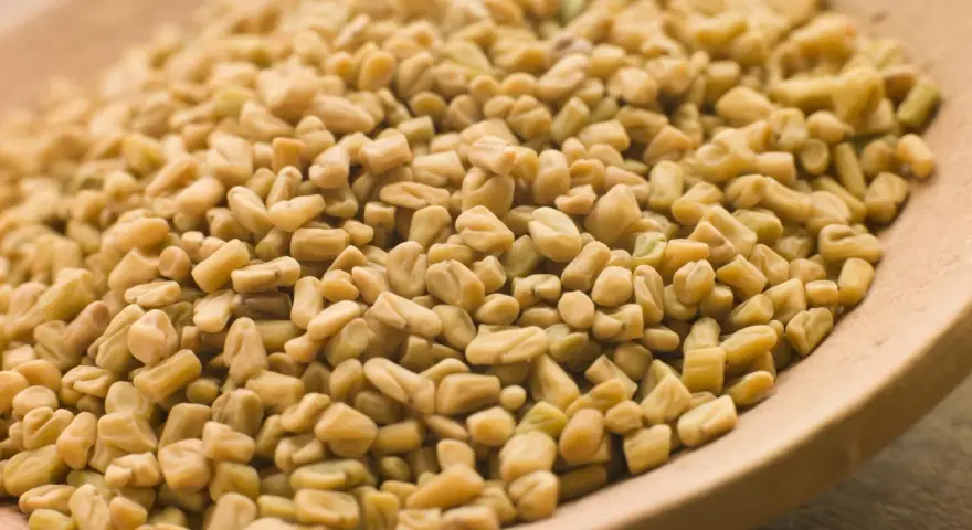 Graines de fenugrec sur une cuillère en bois, une aide naturelle pour gérer l'hypertension.