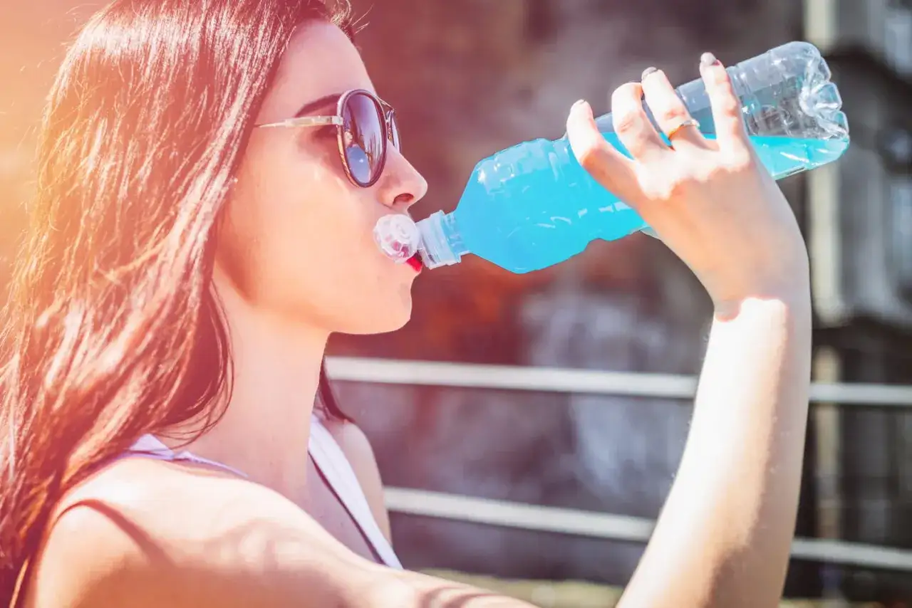 Femme buvant une boisson bleue. Un avis m&eacute;dical sur l'eau de Quinton est recherch&eacute; pour hydratation.