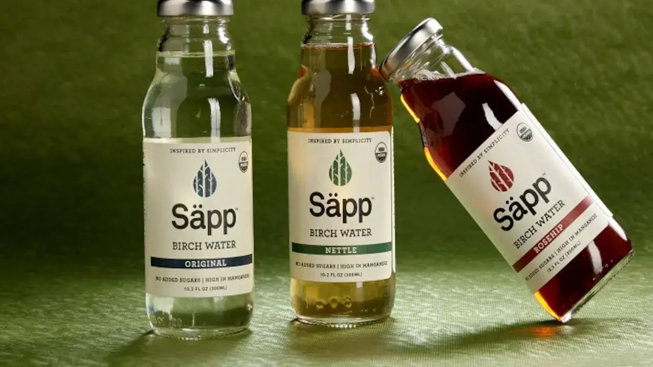 Trois bouteilles de s&egrave;ve de bouleau S&auml;pp : Original, Nettle et Rosehip. La s&egrave;ve de bouleau est reconnue pour ses bienfaits, notamment comme anticoagulant naturel.