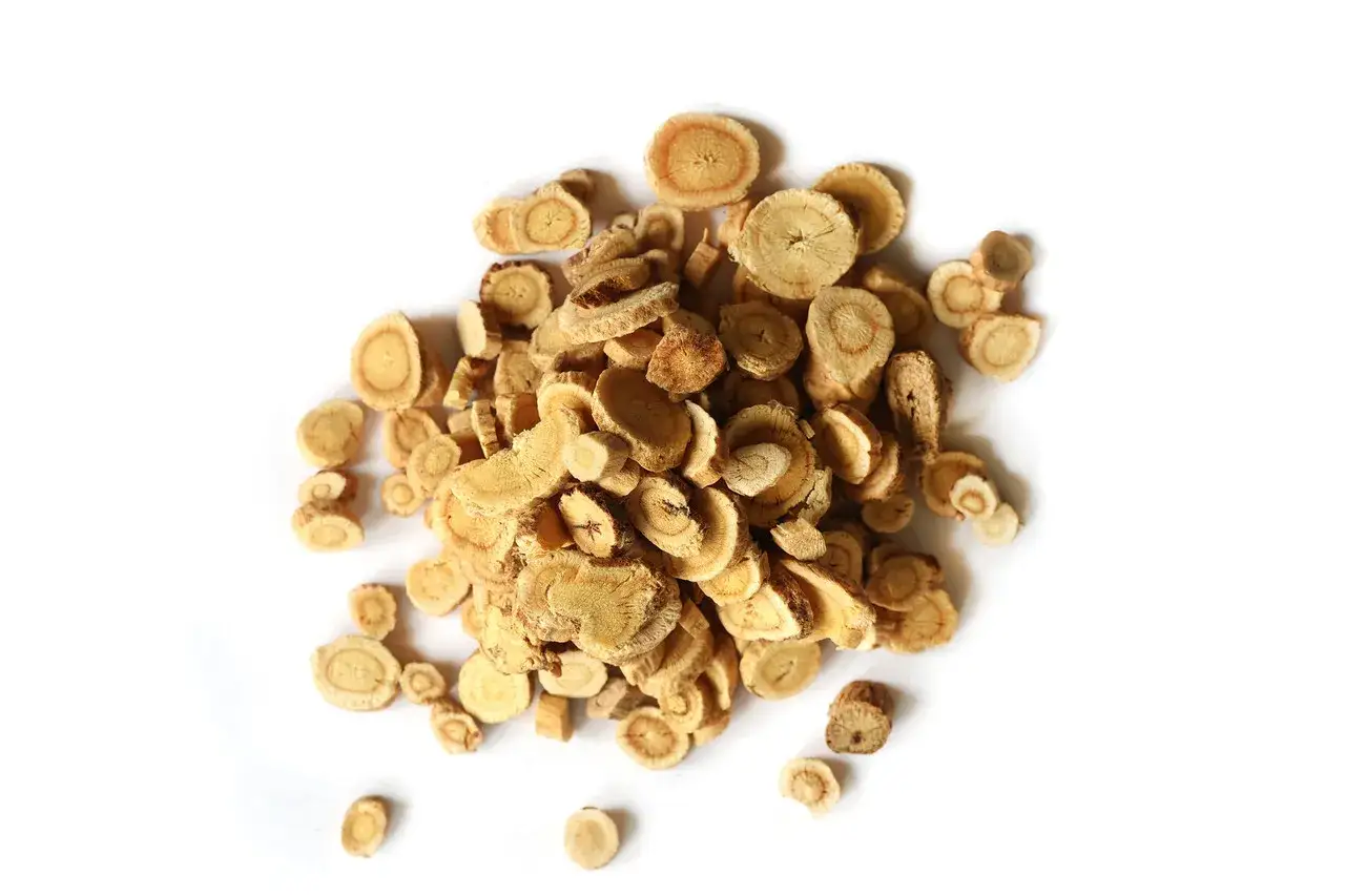 Un tas de rondelles de racine d'astragale s&eacute;ch&eacute;e, connues pour leurs nombreux bienfaits pour la sant&eacute;, sur fond blanc.