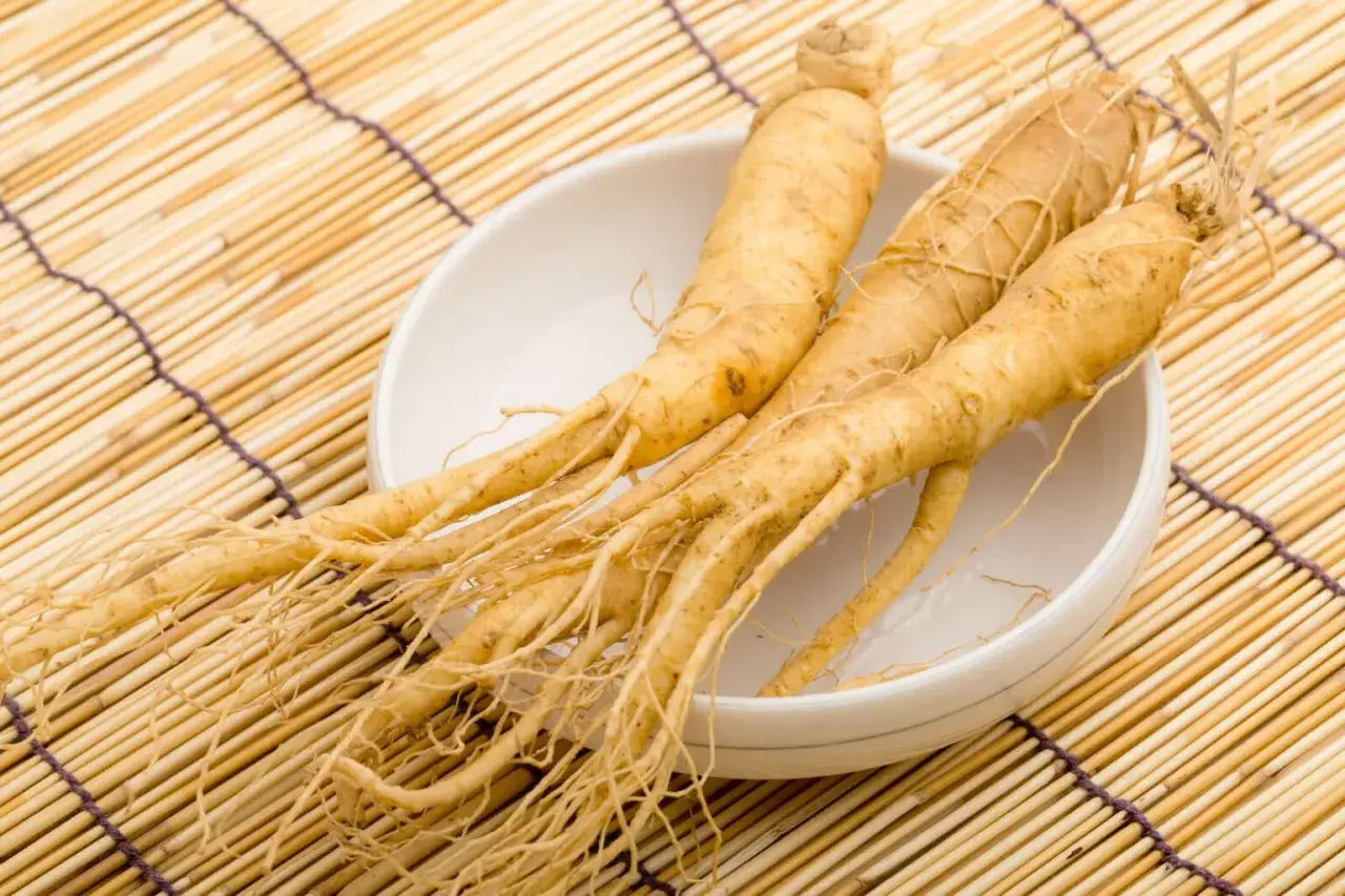 Trois racines de ginseng dans un bol blanc sur un tapis de bambou. Le ginseng est connu pour ses nombreux ginseng bienfaits pour la sant&eacute;.