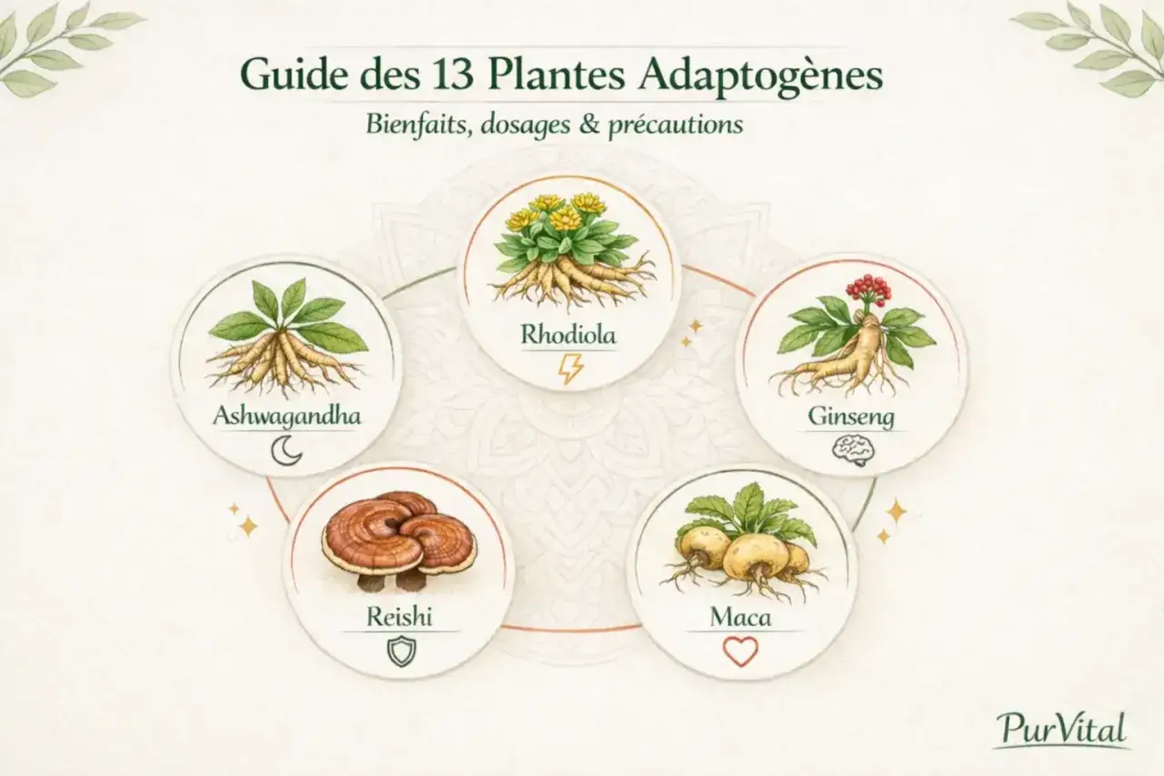 Guide des plantes adaptog&egrave;nes : Ashwagandha, Rhodiola, Ginseng, Reishi, Maca. Illustrations de ces plantes aux vertus b&eacute;n&eacute;fiques.
