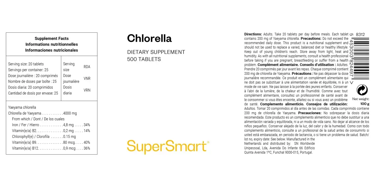 Chlorella Yaeyama : 200 mg par comprim&eacute;. Pr&eacute;cautions : ne pas d&eacute;passer la dose journali&egrave;re. Consulter un professionnel de sant&eacute; si enceinte, allaitante ou si probl&egrave;me de sant&eacute;.