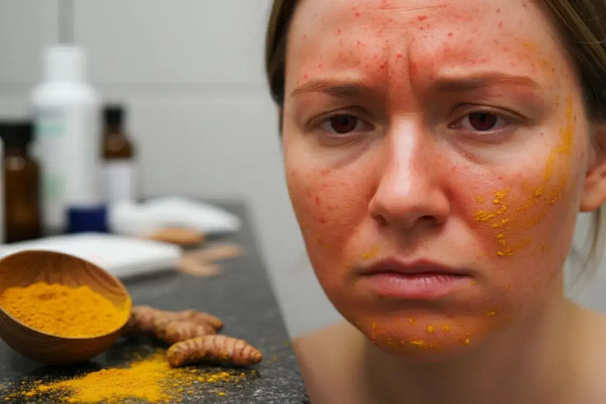 Visage marqu&eacute; par des rougeurs et des boutons, avec des traces de cataplasme de curcuma. Des racines et de la poudre de curcuma sont visibles &agrave; c&ocirc;t&eacute;.