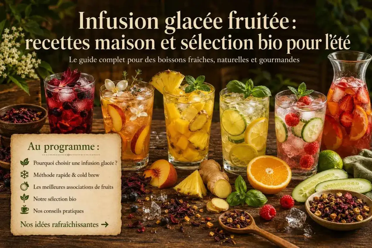 Cinq verres de boissons fruit&eacute;es glac&eacute;es, dont une infusion &agrave; froid aux baies rouges, p&ecirc;che, ananas, concombre-citron et framboise. Le titre promet des recettes d'&eacute;t&eacute;.