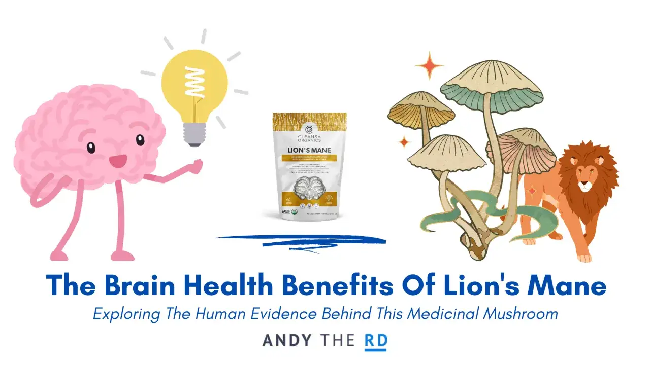 Un cerveau rose avec une ampoule, une boîte de Lion's Mane, des champignons et un lion. Le Lion's Mane est un champignon médicinal.