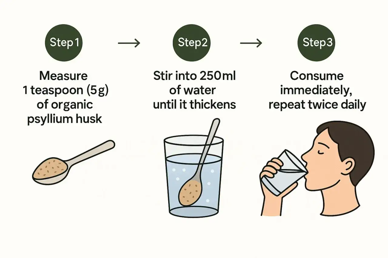 Étapes pour préparer et consommer le psyllium : mesurer 1 c. à café, mélanger dans 250 ml d'eau jusqu'à épaississement, puis boire immédiatement. Répéter 2 fois par jour.