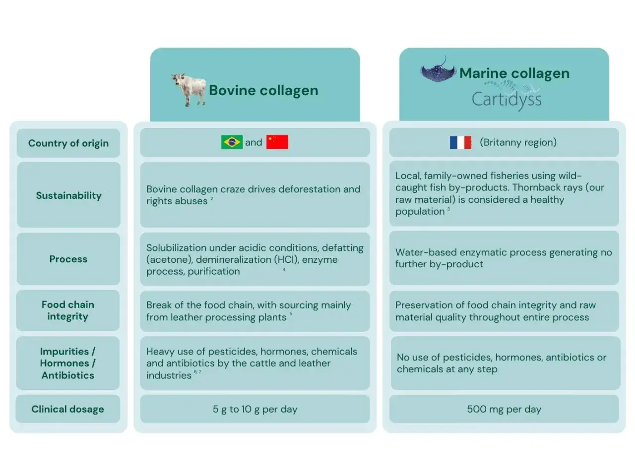 Comparaison entre collag&egrave;ne marin et bovin : origine, durabilit&eacute;, processus, int&eacute;grit&eacute; de la cha&icirc;ne alimentaire, impuret&eacute;s et dosage.