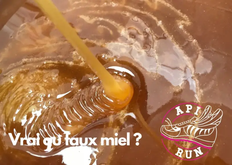Goutte de miel cru bio, onctueux et doré, tombant dans un pot. Le texte "Vrai ou faux miel ?" interroge sur son authenticité.