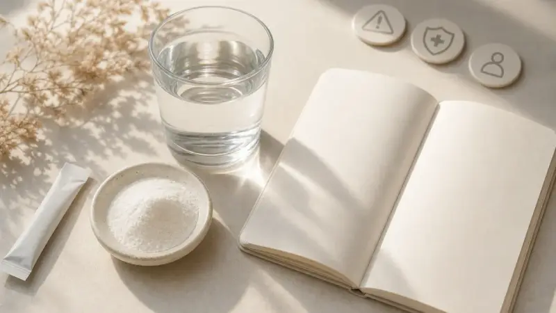 Poudre de collagène marin, verre d'eau, carnet ouvert et icônes de santé. Réflexion sur les dangers potentiels du collagène marin.