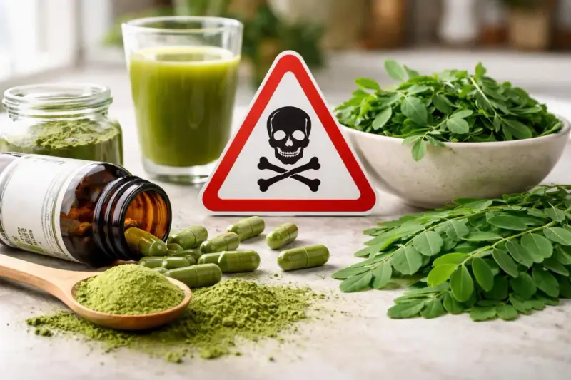 Attention au danger du moringa : pilules, poudre, jus et feuilles, avec un panneau de danger.