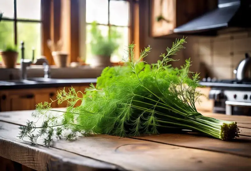 Un bouquet de fenouil sauvage frais, aux fines feuilles vertes, repose sur une table en bois rustique. La cuisine en arrière-plan suggère une préparation culinaire savoureuse.